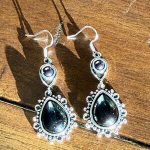 NEW Boho Silver Plated Vintage Black Stone Dangle Earrings